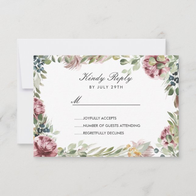 Anemone Blush Blue chic flowers frame Wedding RSVP Card (Front)
