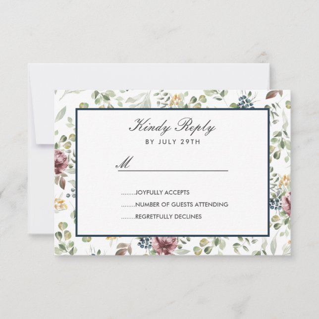 Anemone Blush Blue chic flowers Wedding RSVP (Front)