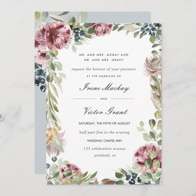 Anemone Blush | Blue grey Formal Botanical Wedding Invitation (Front/Back)
