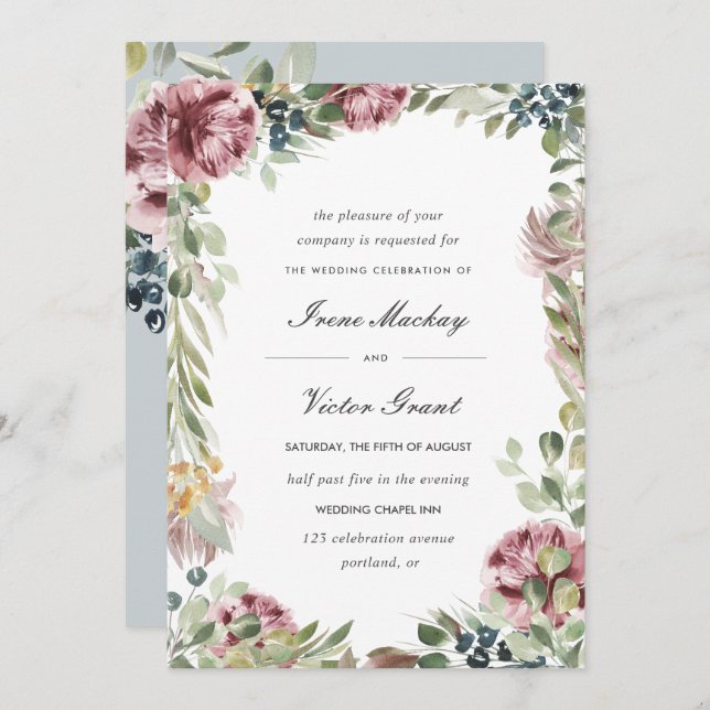 Anemone Blush Blue Grey Romantic Botanical Wedding Invitation (Front/Back)