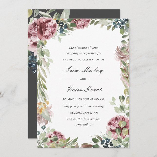 Anemone Blush | Grey Romantic Botanical Wedding Invitation (Front/Back)