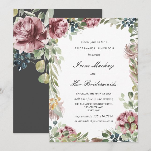 Anemone dark  Grey Botanical  BRIDESMAIDS LUNCHEON Invitation (Front/Back)