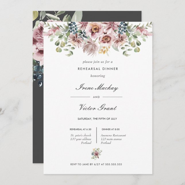Anemone Dark Grey Botanical  Rehearsal Dinner Invitation (Front/Back)