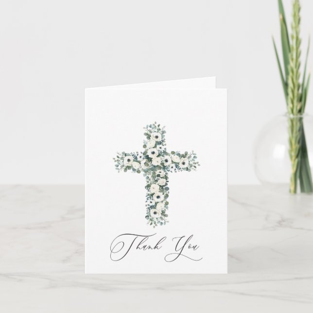 Anemone Eucalyptus cross Religious Thank You Card (Front)