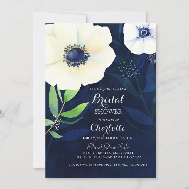 Anemone Floral Navy Blue Bridal Shower Invitation (Front)