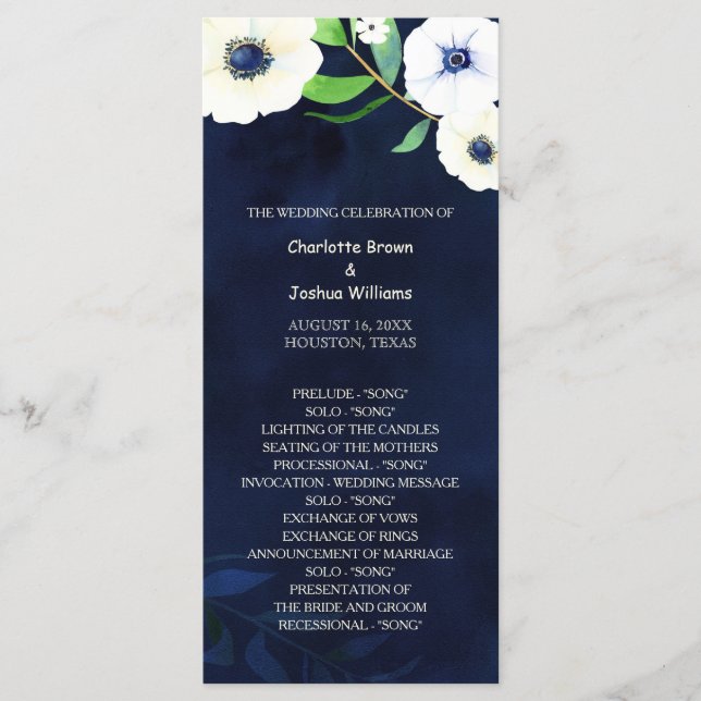 Anemone Floral Navy Blue Wedding Programme (Front)