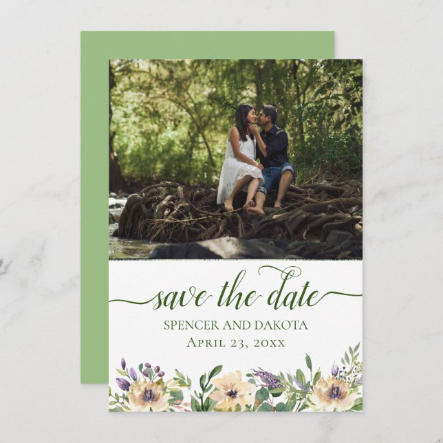 Anemone Floral Purple Cream Boho Greenery Photo Save The Date (Front/Back)