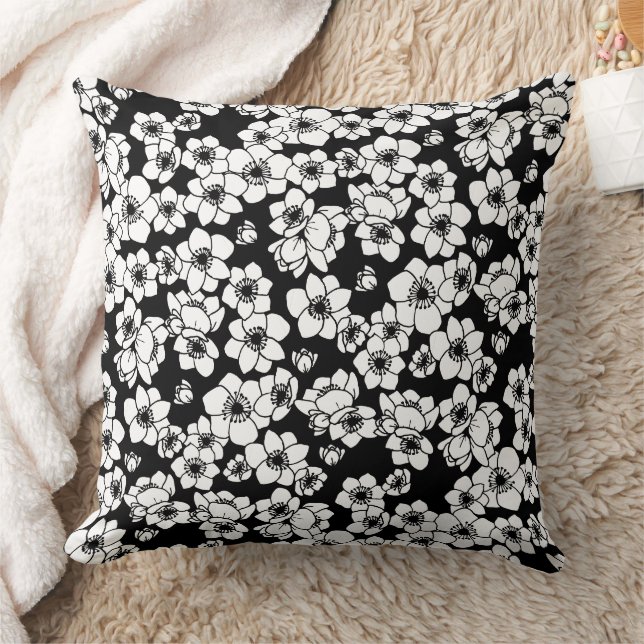 Anemone Flower Black and White Cushion (Blanket)