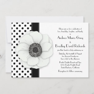 Anemone Flower Black White Polka Dot Wedding Invitation