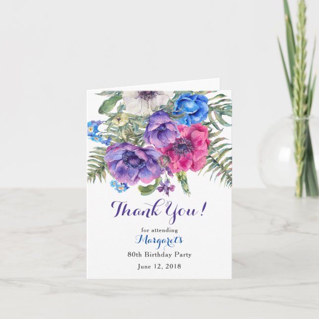 Anemone Flower Floral 80th Birthday Thank You Card (Front)