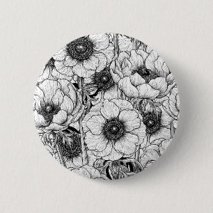 Anemone garden in black and white 6 cm round badge