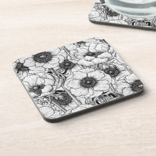 Anemone garden in black and white coaster