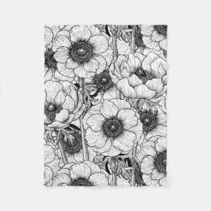 Anemone garden in black and white fleece blanket