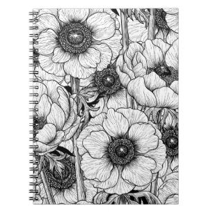 Anemone garden in black and white notebook