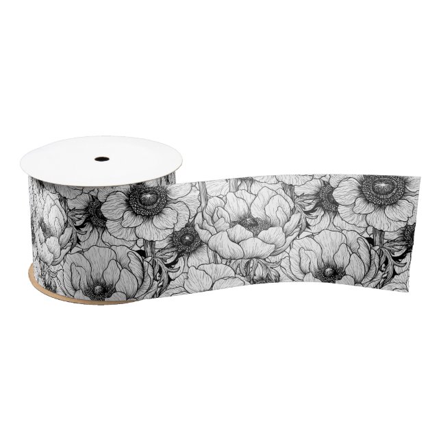 Anemone garden in black and white satin ribbon (Spool)