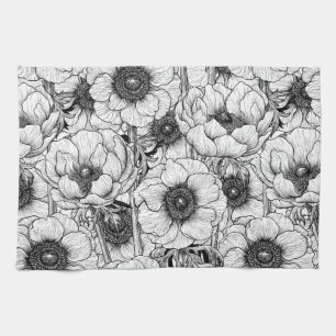 Anemone garden in black and white tea towel