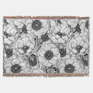 Anemone garden in black and white throw blanket