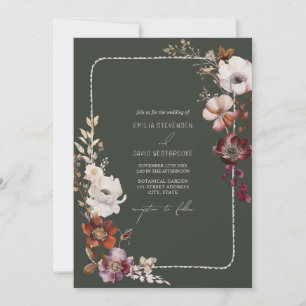 Anemone Hand Drawn Scalloped Border Green Wedding Invitation