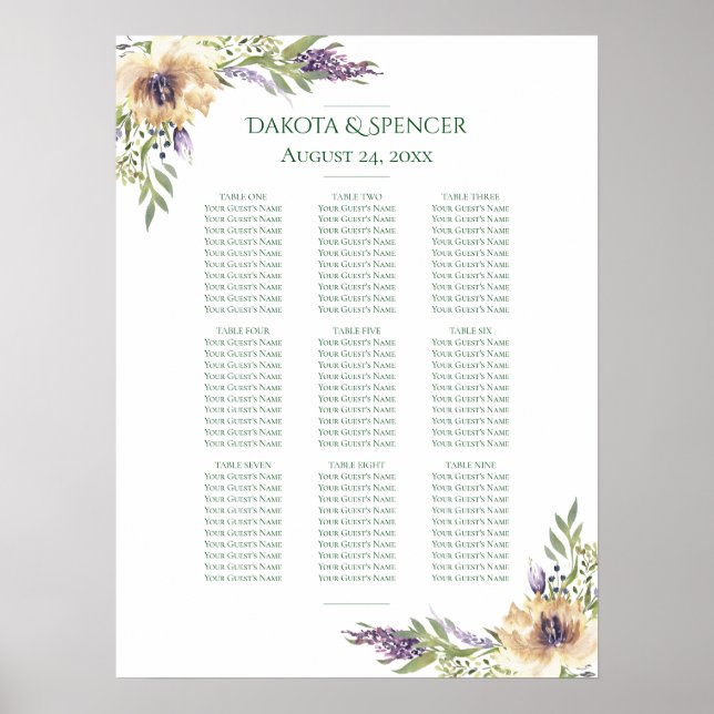 Anemone Lavender | Cream Purple 10 Seating Chart (Front)