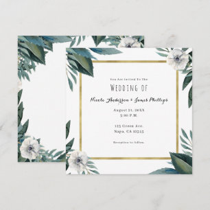 Anemone Leaves Green Floral & Gold Rustic Wedding Invitation