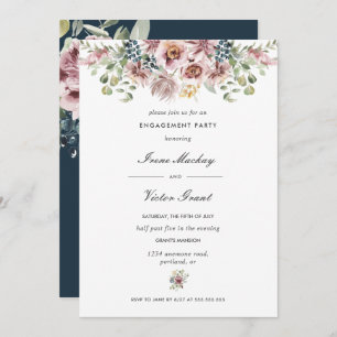 Anemone Navy Blue Botanical Engagement Party Invitation