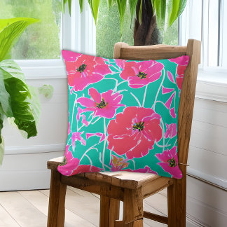 Anemone Painting Pattern Pink & Aqua Floral Cushion