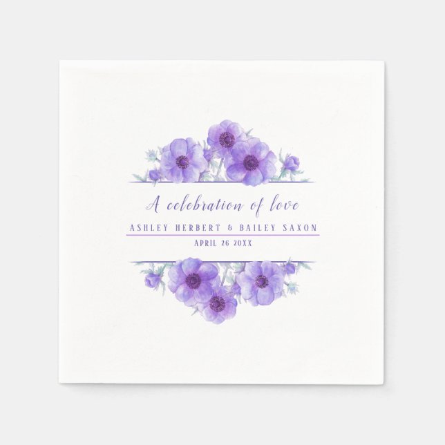 Anemone purple flower watercolor art celebration napkin (Front)