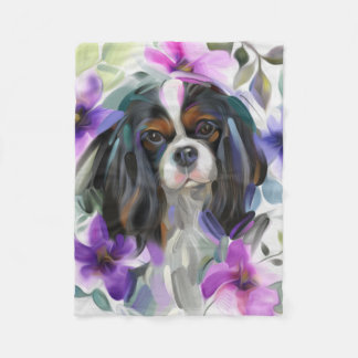 'Anemone' Tricolor cavalier dog art fleece blanket