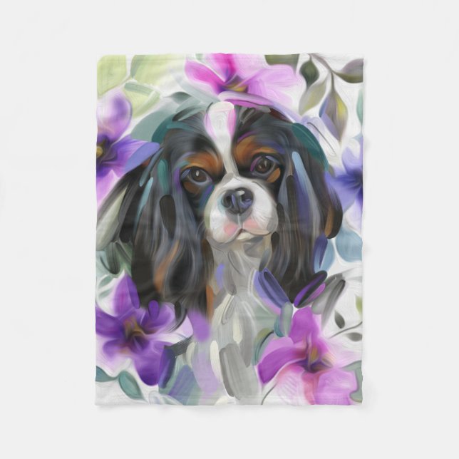'Anemone' Tricolor cavalier dog art fleece blanket (Front)