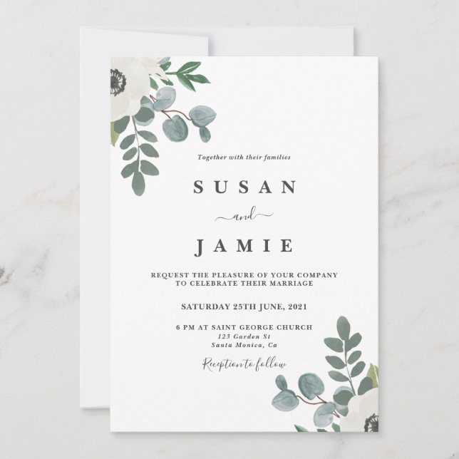 Anemone watercolor floral wedding invitation (Front)