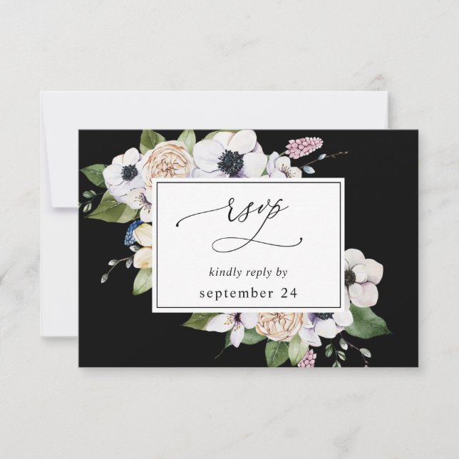 Anemone White Floral w Meal RSVP 2 - Black Card (Front)