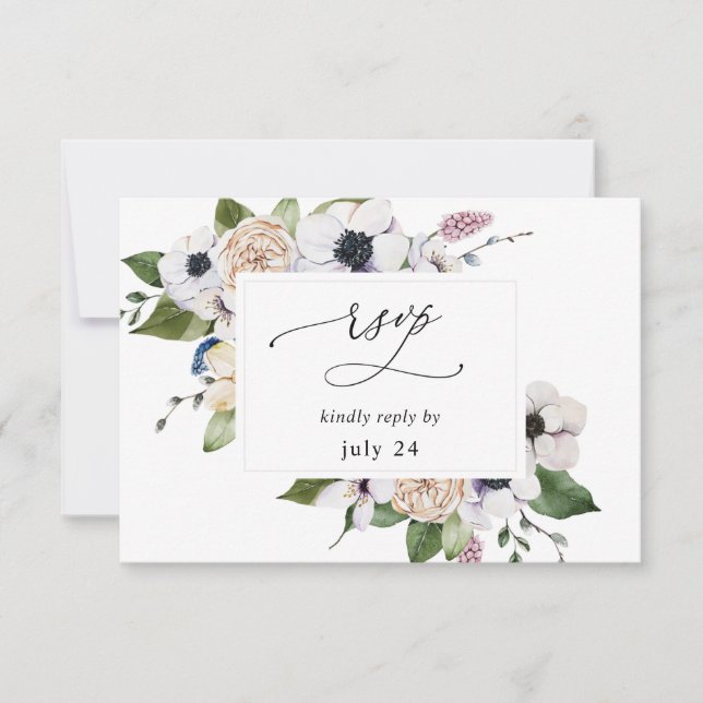 Anemone White Floral w Meal RSVP 2 Card (Front)