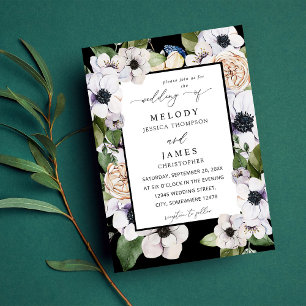 Anemone White Floral Wedding - Black Invitation