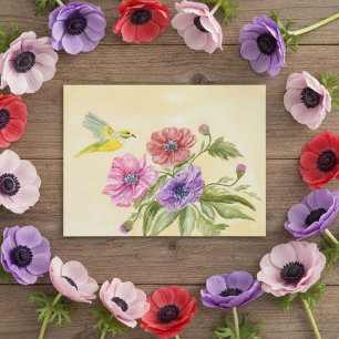 Anemones and Yellow Tanager Watercolor Postcard