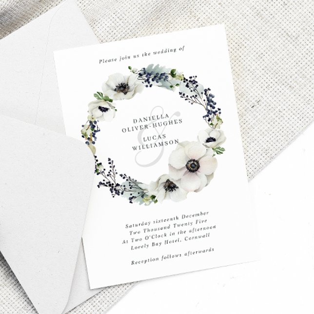 Anemones & Berries Wreath Blue Winter Wedding Invitation (Creator Uploaded)