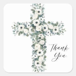 Anemones Eucalyptus cross Religious Thank You Square Sticker