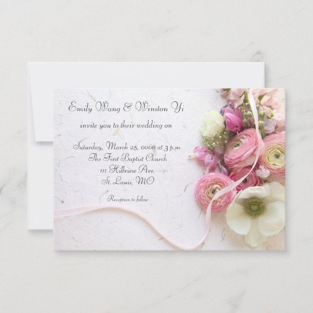 Anemones, ranunculus, ribbon  invitation (Front)
