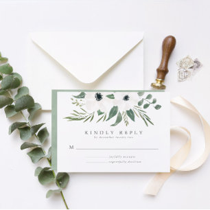 Anemones Sage & Dusty Green Eucalyptus Wedding RSVP Card