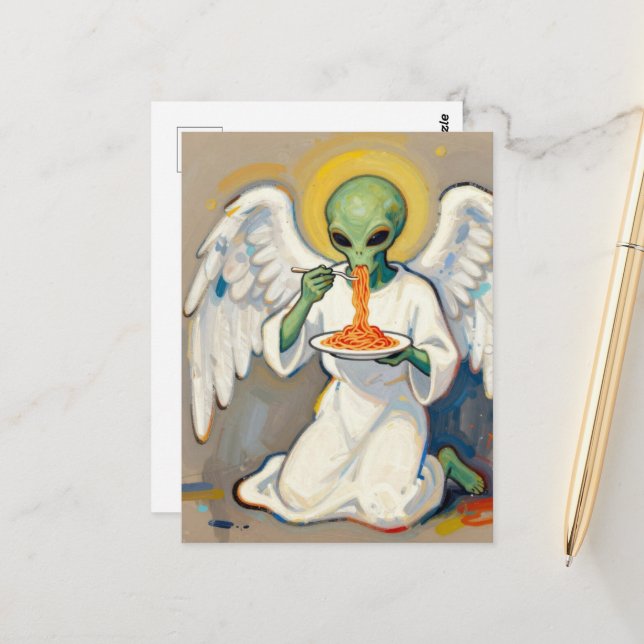 Angel Alien Eating Spaghetti Postcard (Front/Back In Situ)