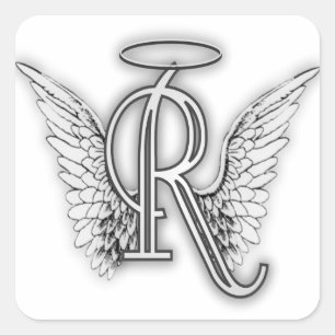 Angel Alphabet R Initial Letter Wings Halo Square Sticker