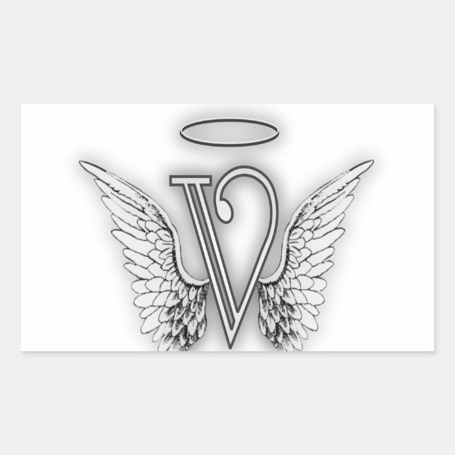 Angel Alphabet V Initial Letter Wings Halo Rectangular Sticker (Front)