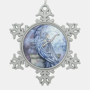 Angel and Bright Star Fantasy Art Snowflake Pewter Christmas Ornament