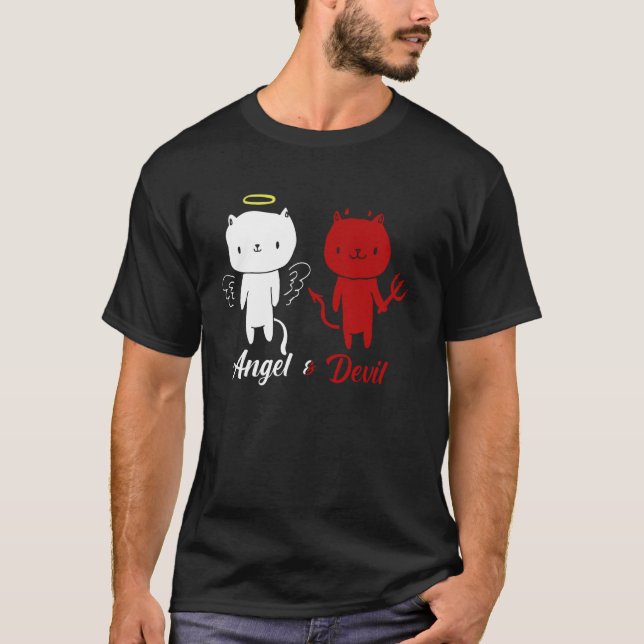 Angel and Devil Cat Design T-Shirt (Front)