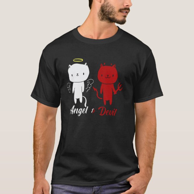 Angel and Devil Cat Design T-Shirt (Front)