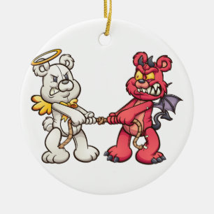 angel and devil teddy bears in a tug of war ceramic tree decoration