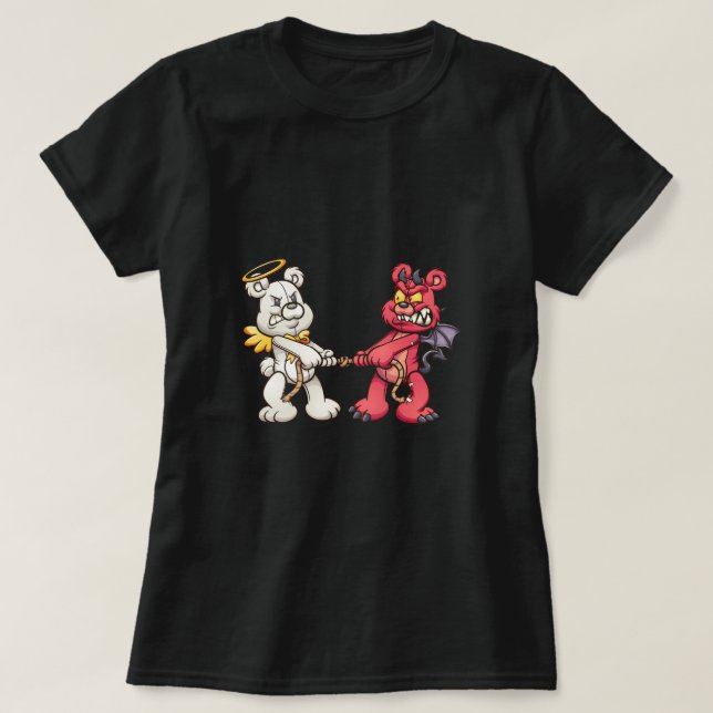 angel and devil teddy bears in a tug of war T-Shirt (Design Front)