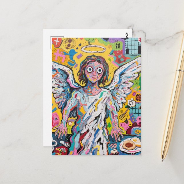 Angel at Breakfast Art Brut Style Postcard (Front/Back In Situ)