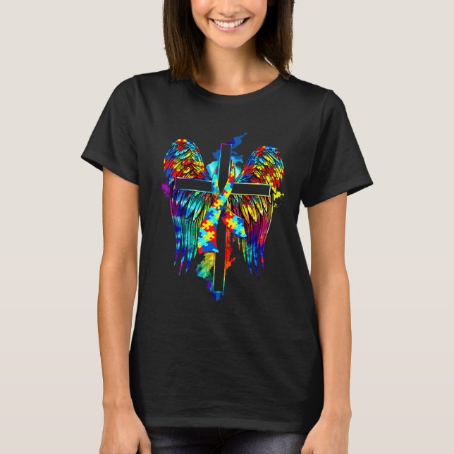 Angel Autism Awareness Cross Wings Cross Faith Jes T-Shirt (Front)