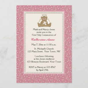 Angel Bear, Pink White Daisy Religious Invitation