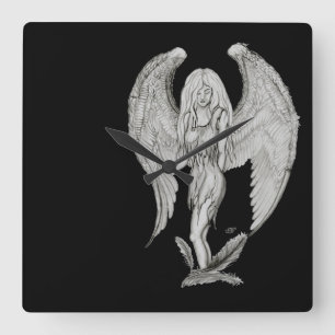 Angel black and white design square wall clock